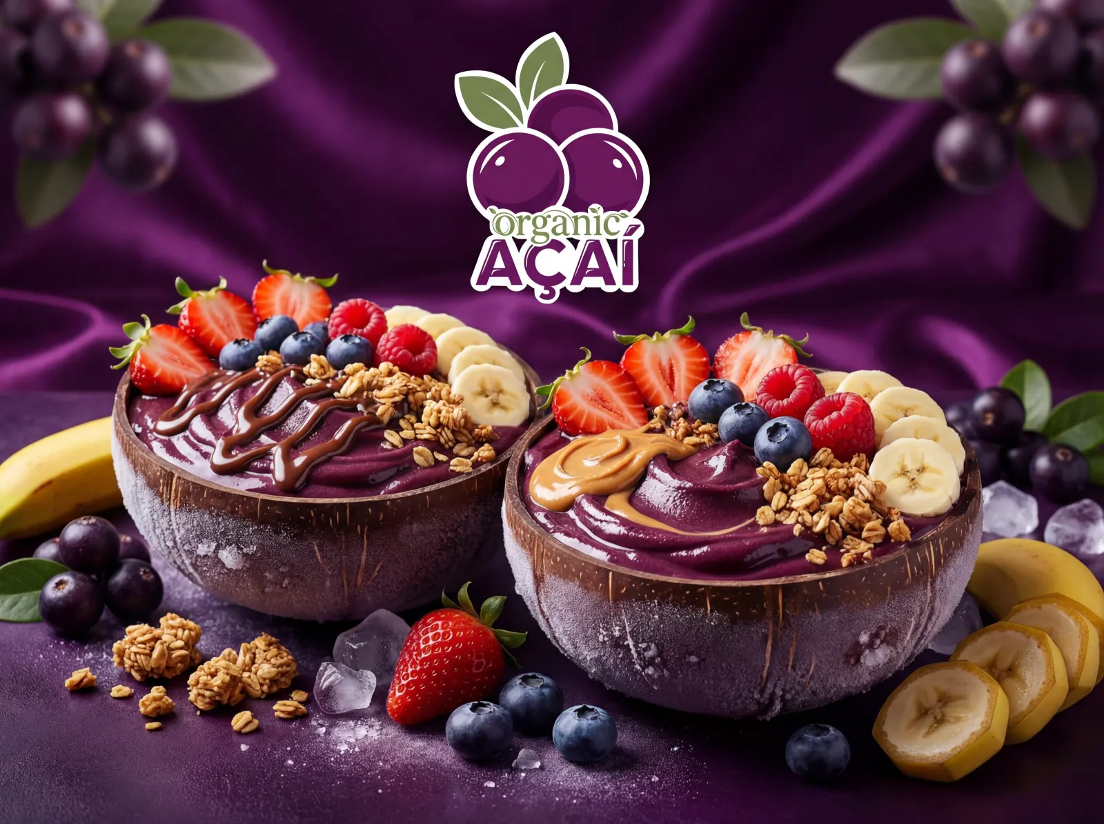 Zwei Bowls mit Bio-Açaí-Sorbet von Organic Açaí, Granola, Banane, Beeren und Erdnussbutter als Toppings