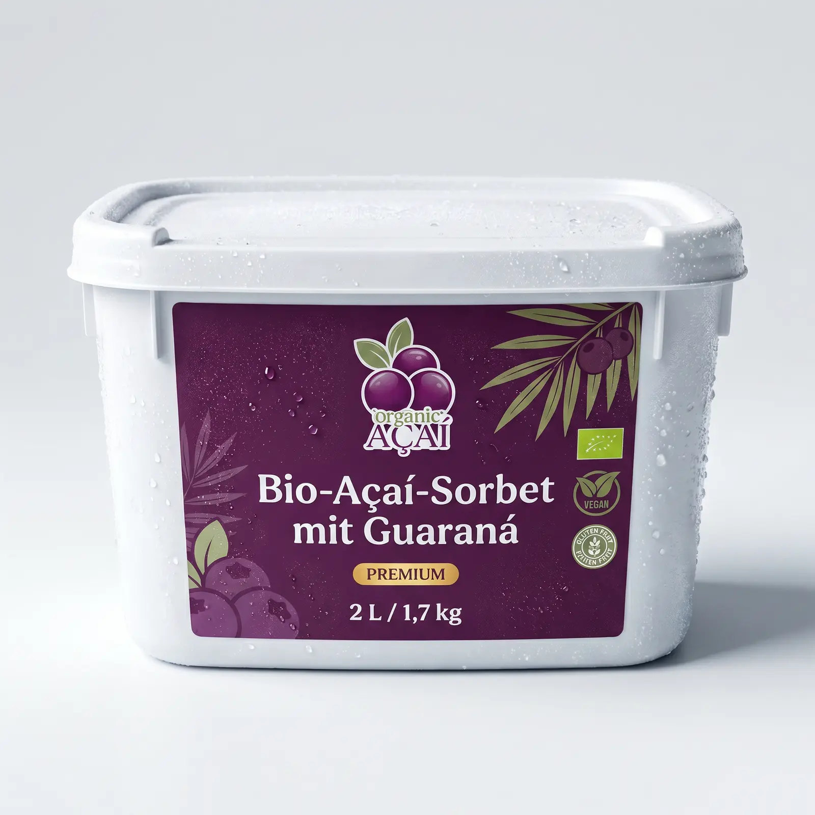 Organic Açaí 2-Liter-Gastrogebinde mit Bio-Açaí-Sorbet für die Gastronomie, weißer Behälter mit Etikett, tiefgekühlt
