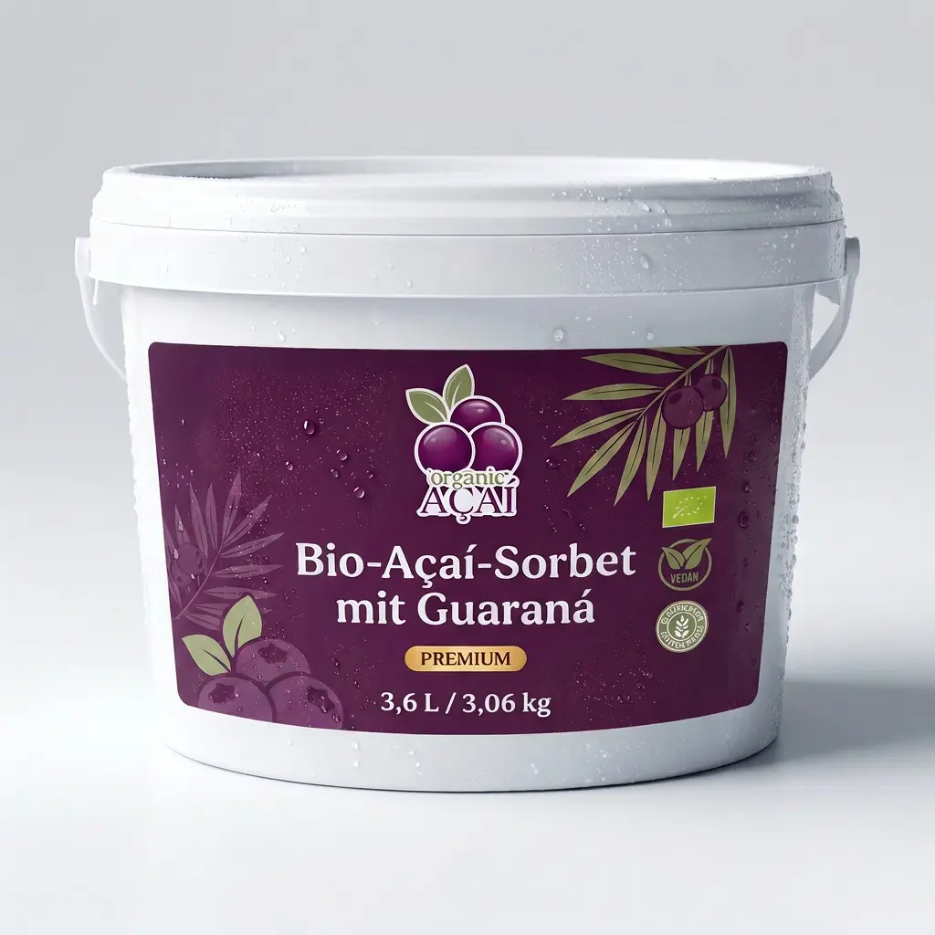 Organic Açaí 3,6-Liter-Kübel mit Bio-Açaí-Sorbet für Betriebe mit höherem Verbrauch, weißer Eimer mit Henkel