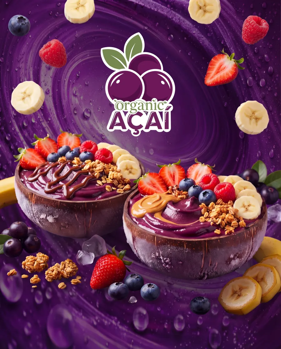 Zwei Bowls mit Bio-Açaí-Sorbet von Organic Açaí im Hochformat, mit Granola, Beeren und Banane als Toppings